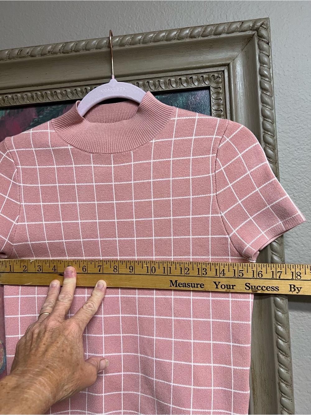 Anthropologie Maeve Pink Grid Mock-Neck Short Sleeve Top - Picture 9 of 11